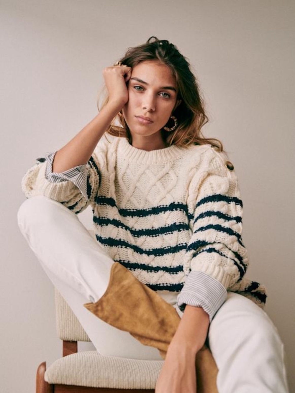 Retail $170 Sézane James Jumper Ecru Navy Striped Merino Wool Cable Knit Sweater